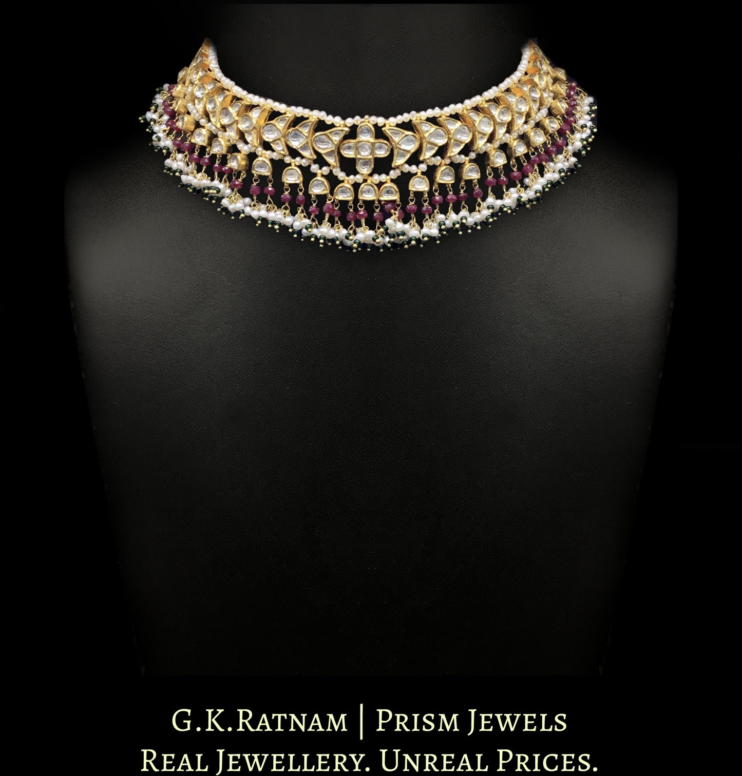 22k Gold and Diamond Polki Choker Necklace with Natural Freshwater Pearls