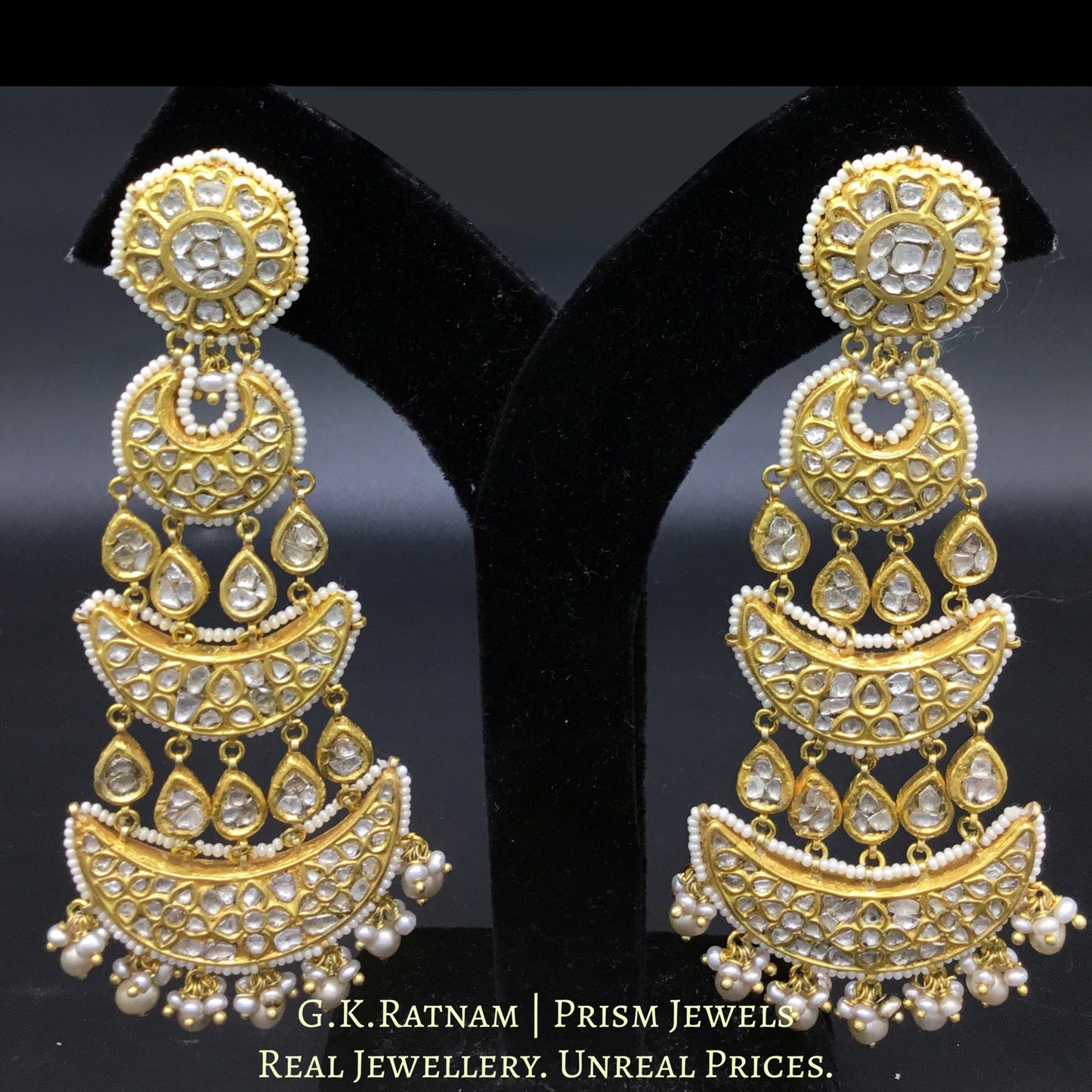 23k Gold and Diamond Polki Long Chandelier Earring Pair with antiqued hyderabadi pearls