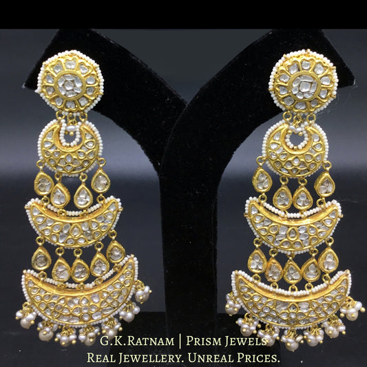 23k Gold and Diamond Polki Long Chandelier Earring Pair with antiqued hyderabadi pearls