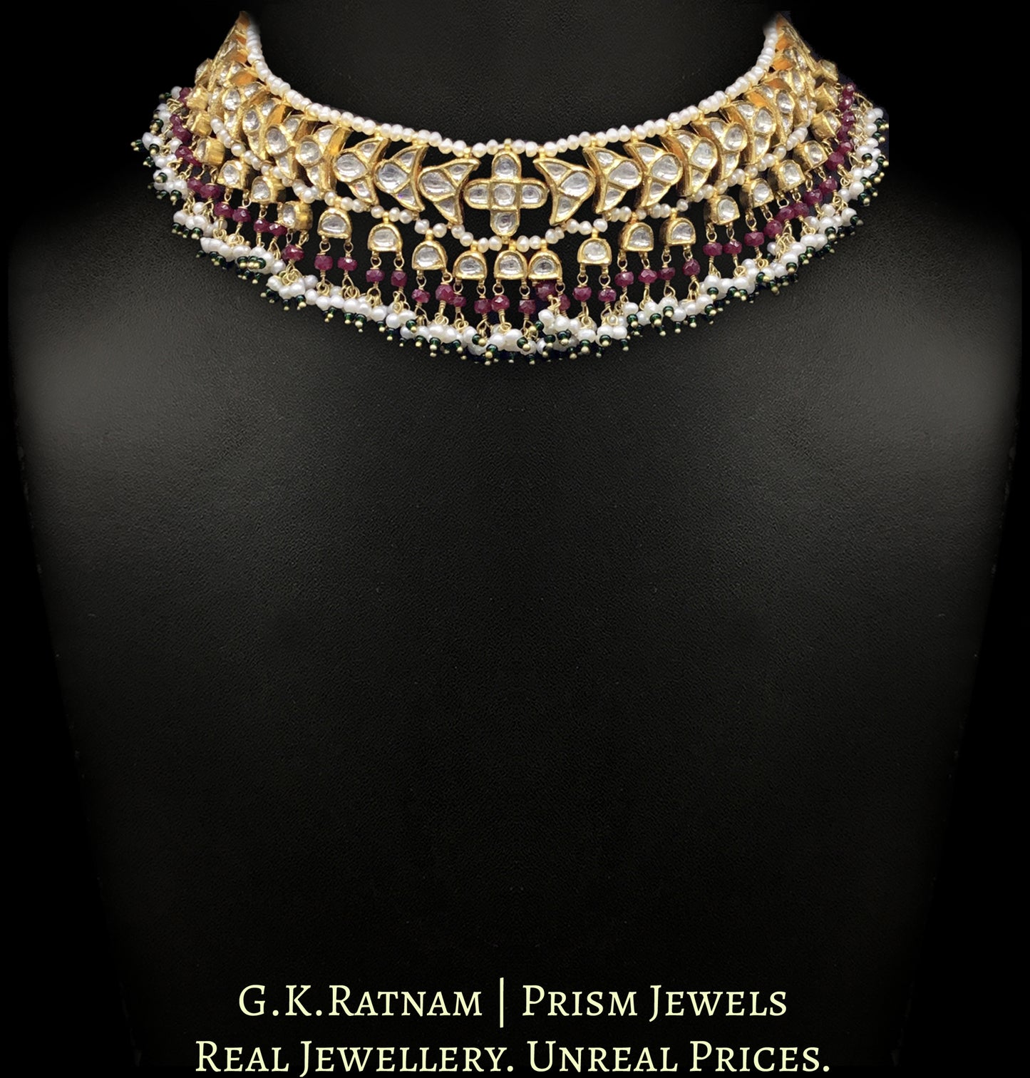 22k Gold and Diamond Polki Choker Necklace with Natural Freshwater Pearls