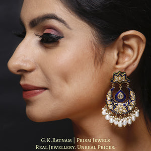 23k Gold and Diamond Polki Chand Bali Earring Pair with navy blue meenakari