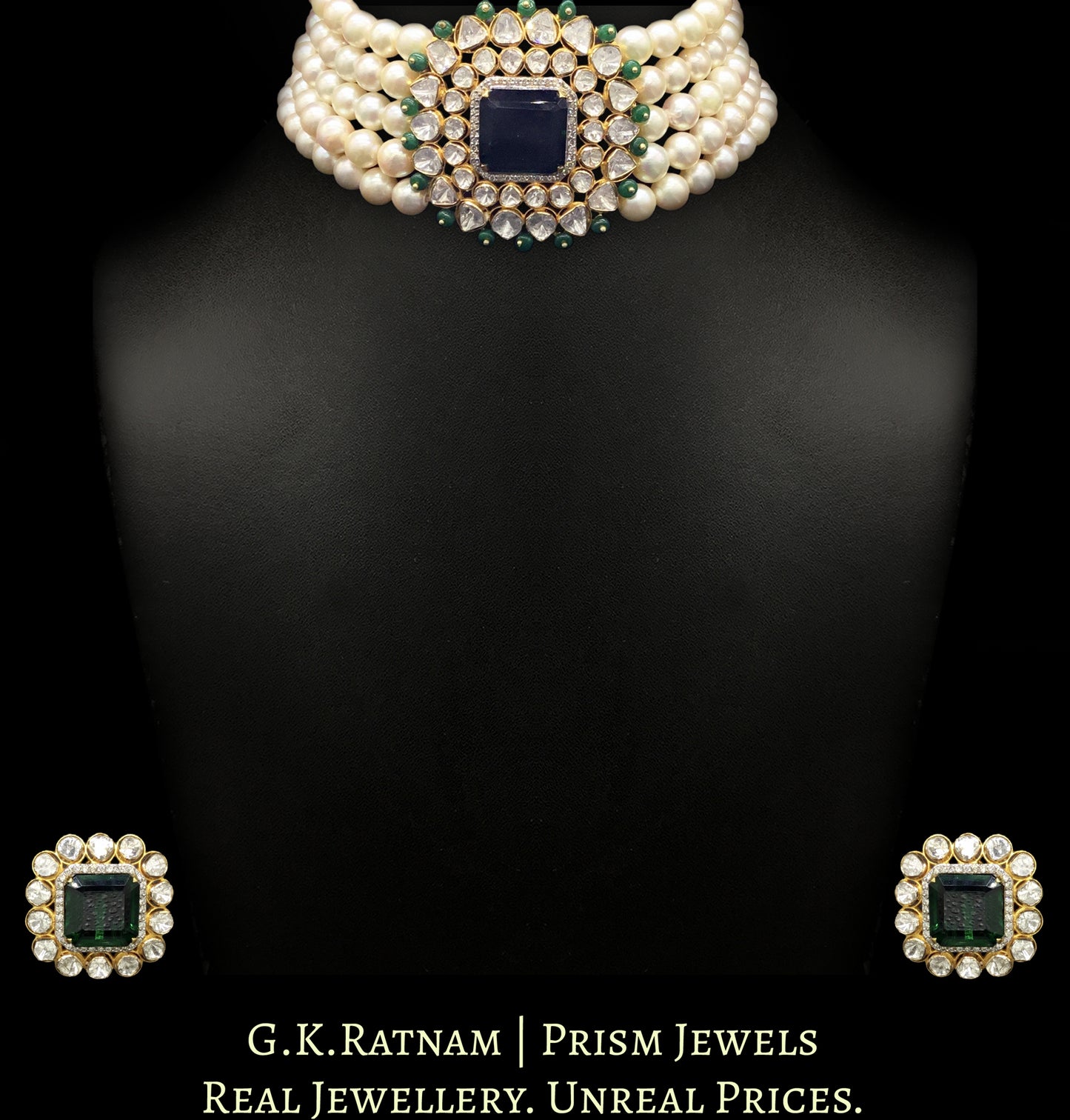 18k Gold and Diamond Polki Open Setting Choker Necklace Set with South Sea Pearls