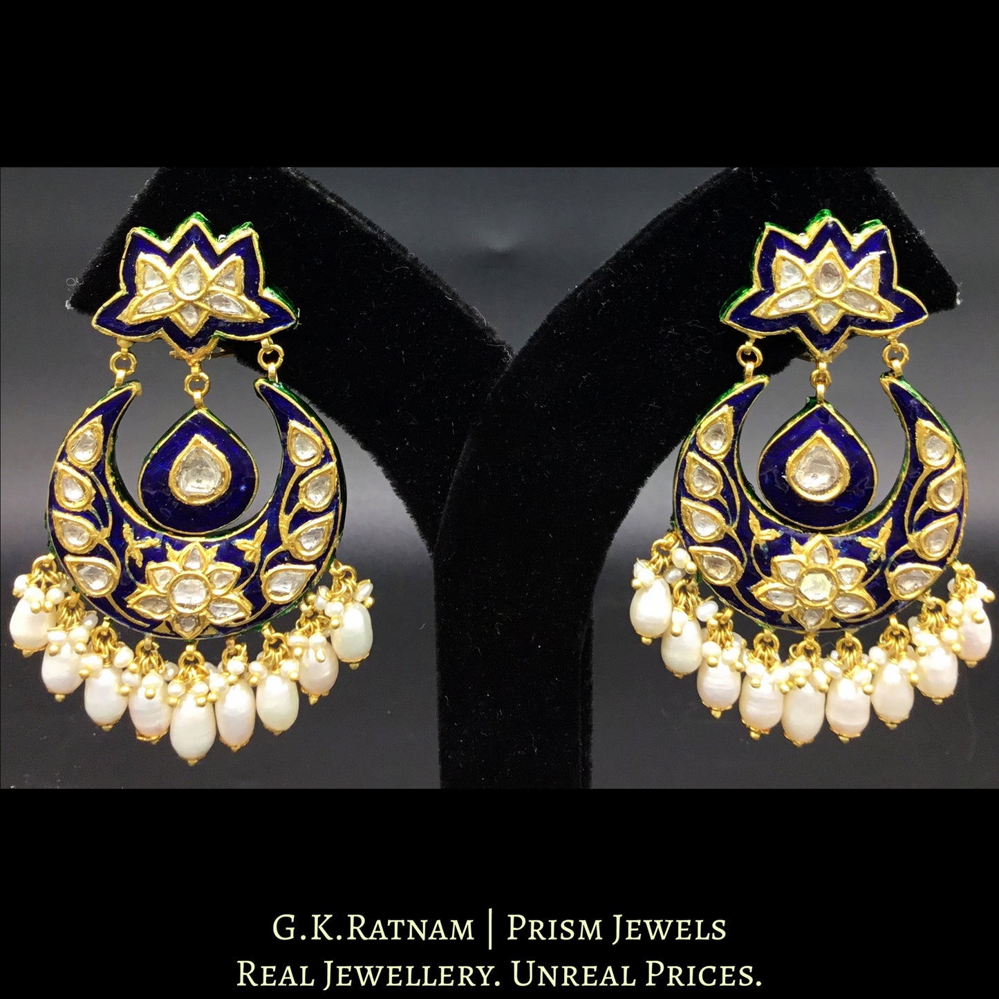 23k Gold and Diamond Polki Chand Bali Earring Pair with navy blue meenakari