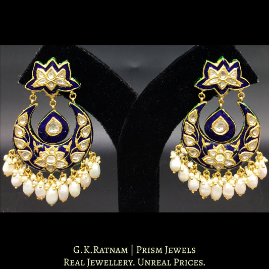 23k Gold and Diamond Polki Chand Bali Earring Pair with navy blue meenakari