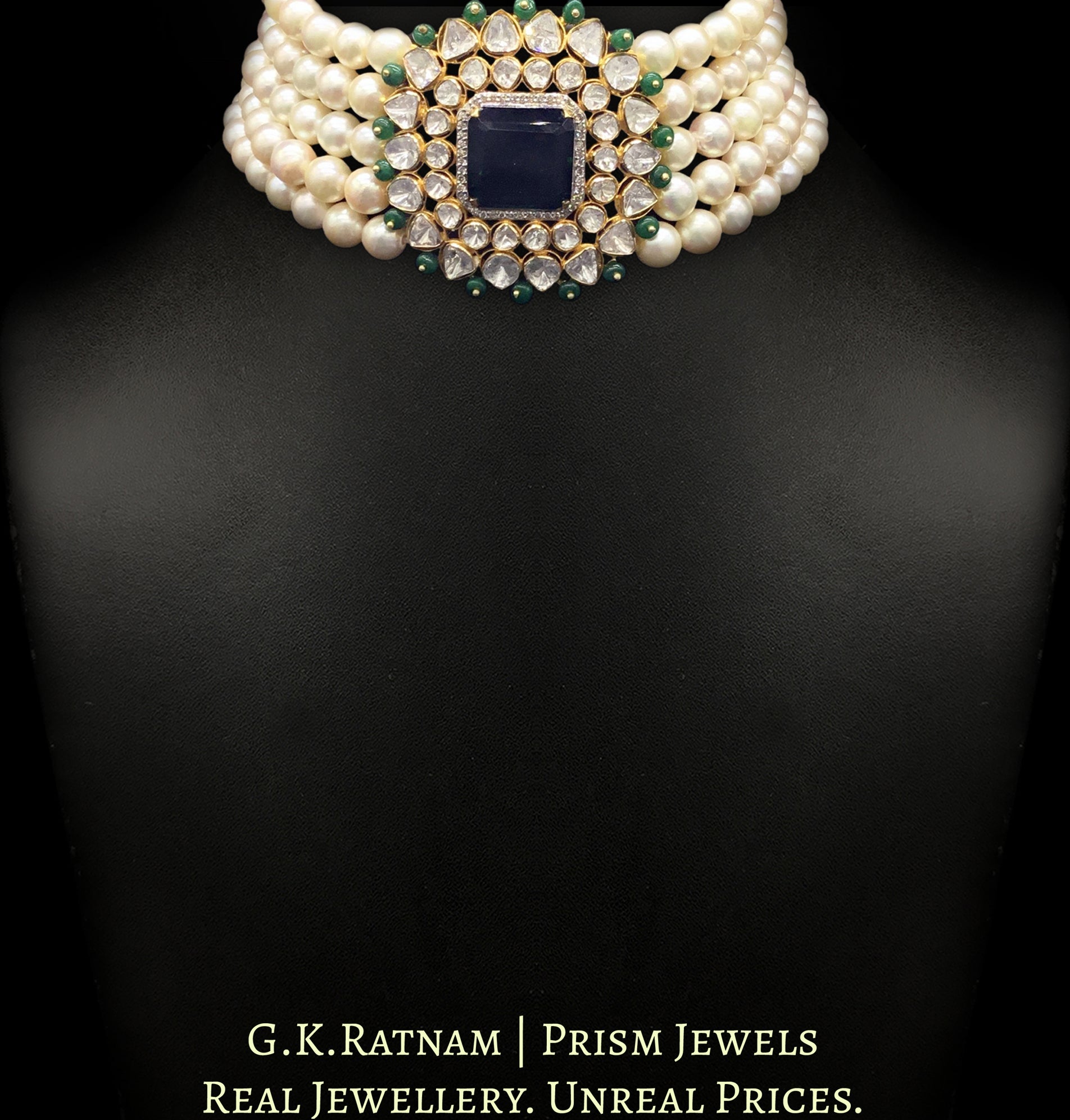 18k Gold and Diamond Polki Open Setting Choker Necklace Set with South Sea Pearls