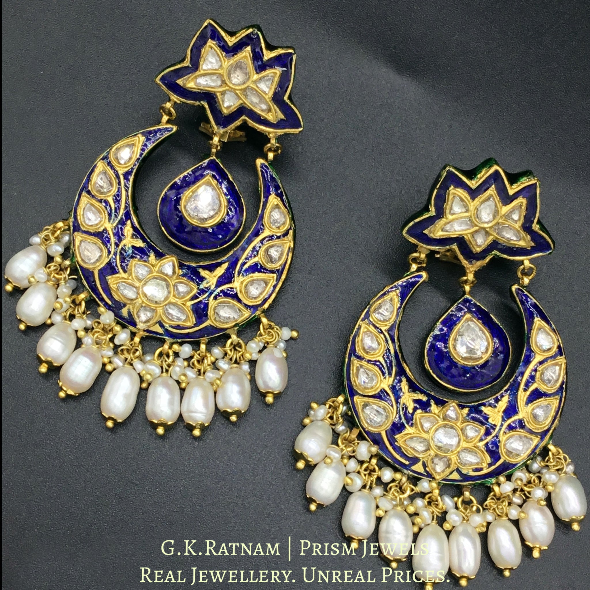 23k Gold and Diamond Polki Chand Bali Earring Pair with navy blue meenakari