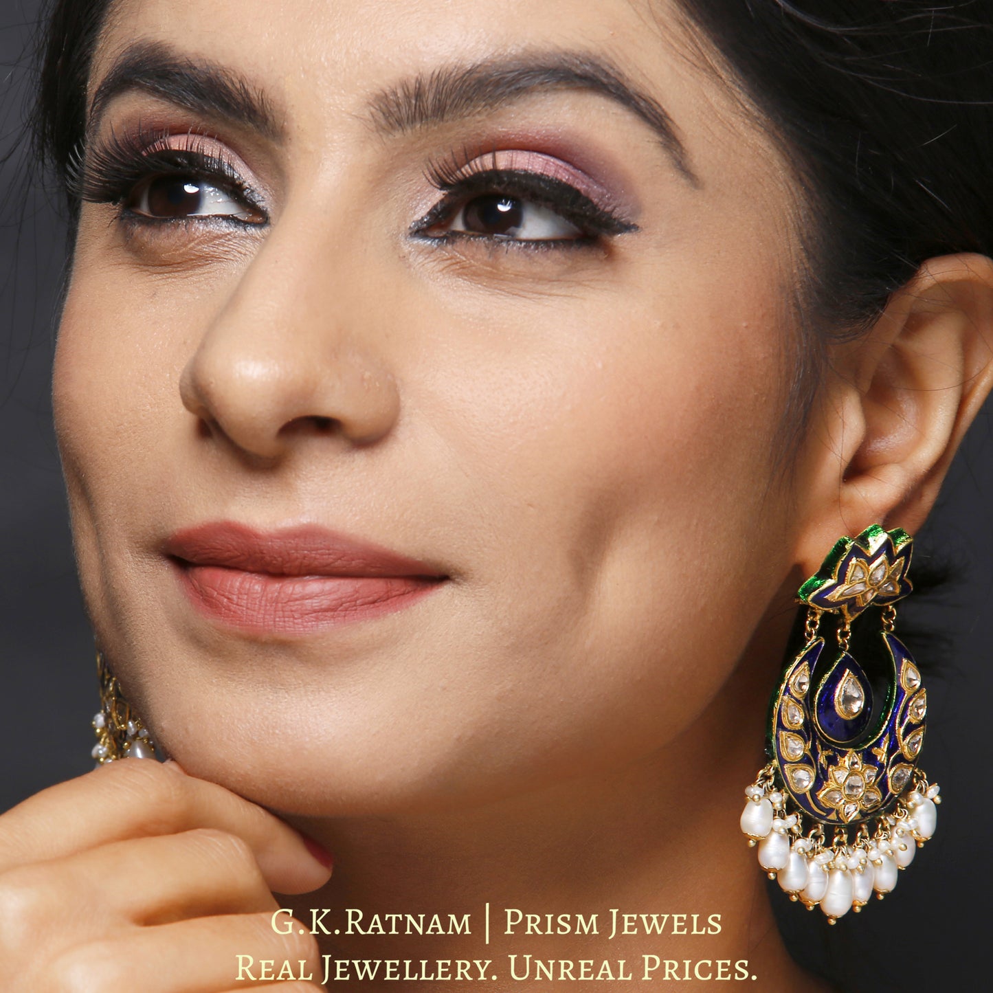 23k Gold and Diamond Polki Chand Bali Earring Pair with navy blue meenakari