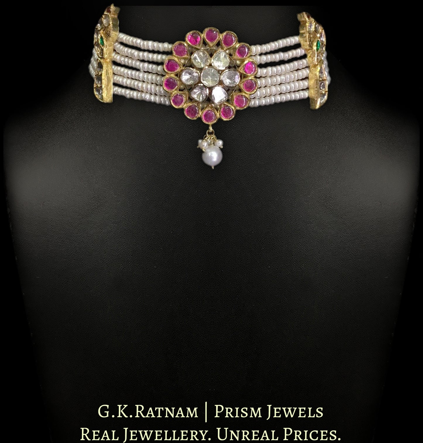 18k Gold and Diamond Polki Choker Necklace Set with Peacock Motifs strung in Natural Freshwater Pearls