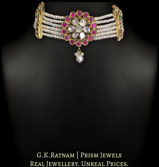 18k Gold and Diamond Polki Choker Necklace Set with Peacock Motifs strung in Natural Freshwater Pearls