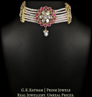18k Gold and Diamond Polki Choker Necklace Set with Peacock Motifs strung in Natural Freshwater Pearls