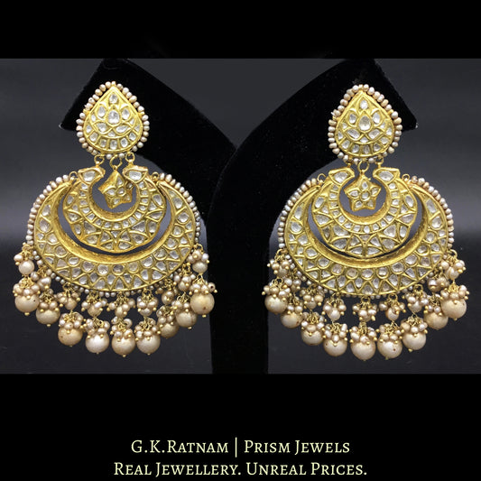 23k Gold and Diamond Polki Chand Bali Earring Pair with antique basra-look-alike pearls