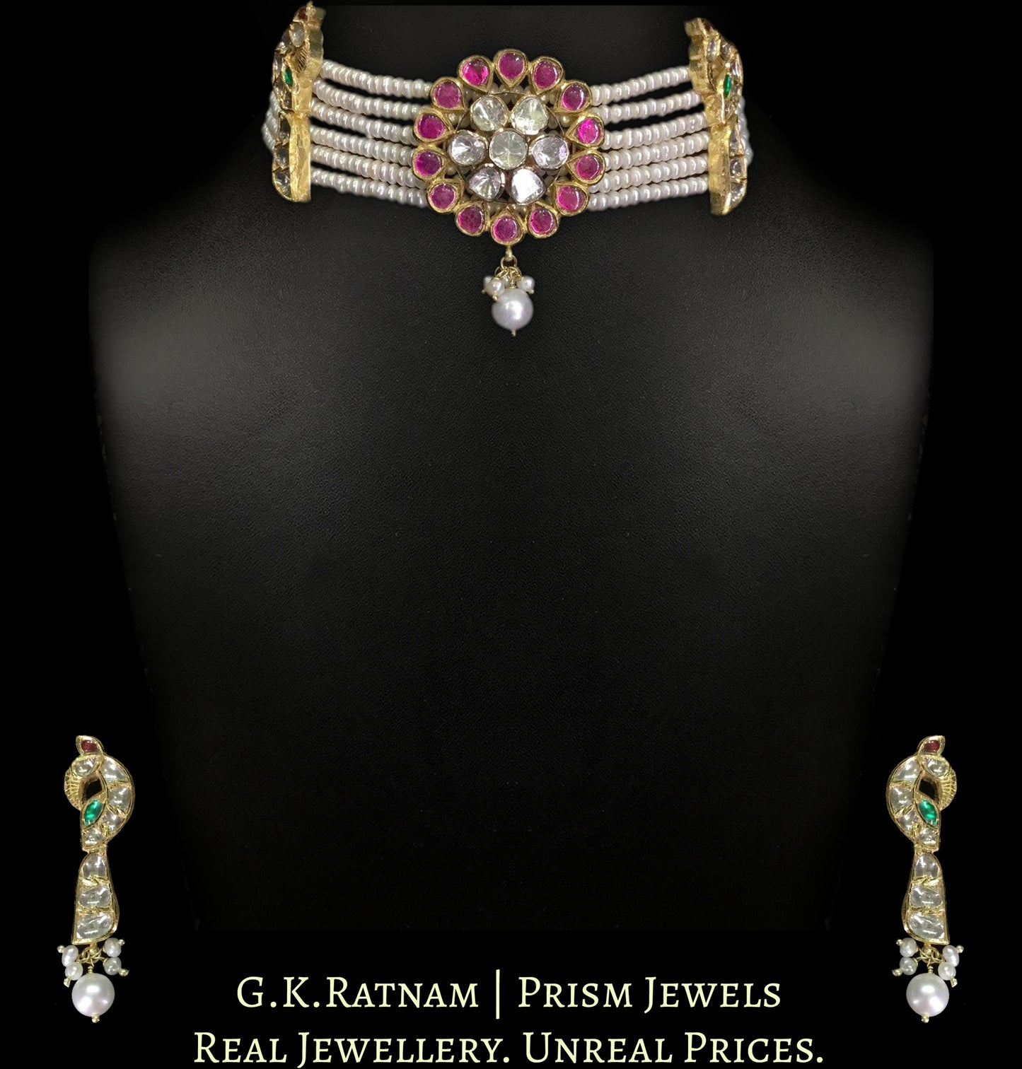 18k Gold and Diamond Polki Choker Necklace Set with Peacock Motifs strung in Natural Freshwater Pearls