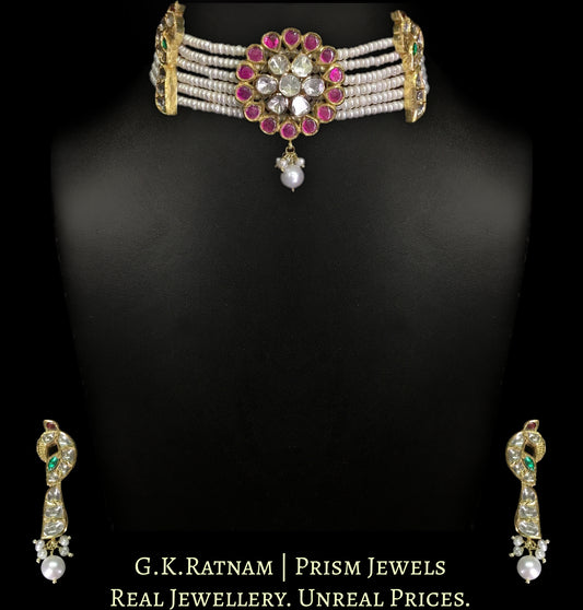 18k Gold and Diamond Polki Choker Necklace Set with Peacock Motifs strung in Natural Freshwater Pearls