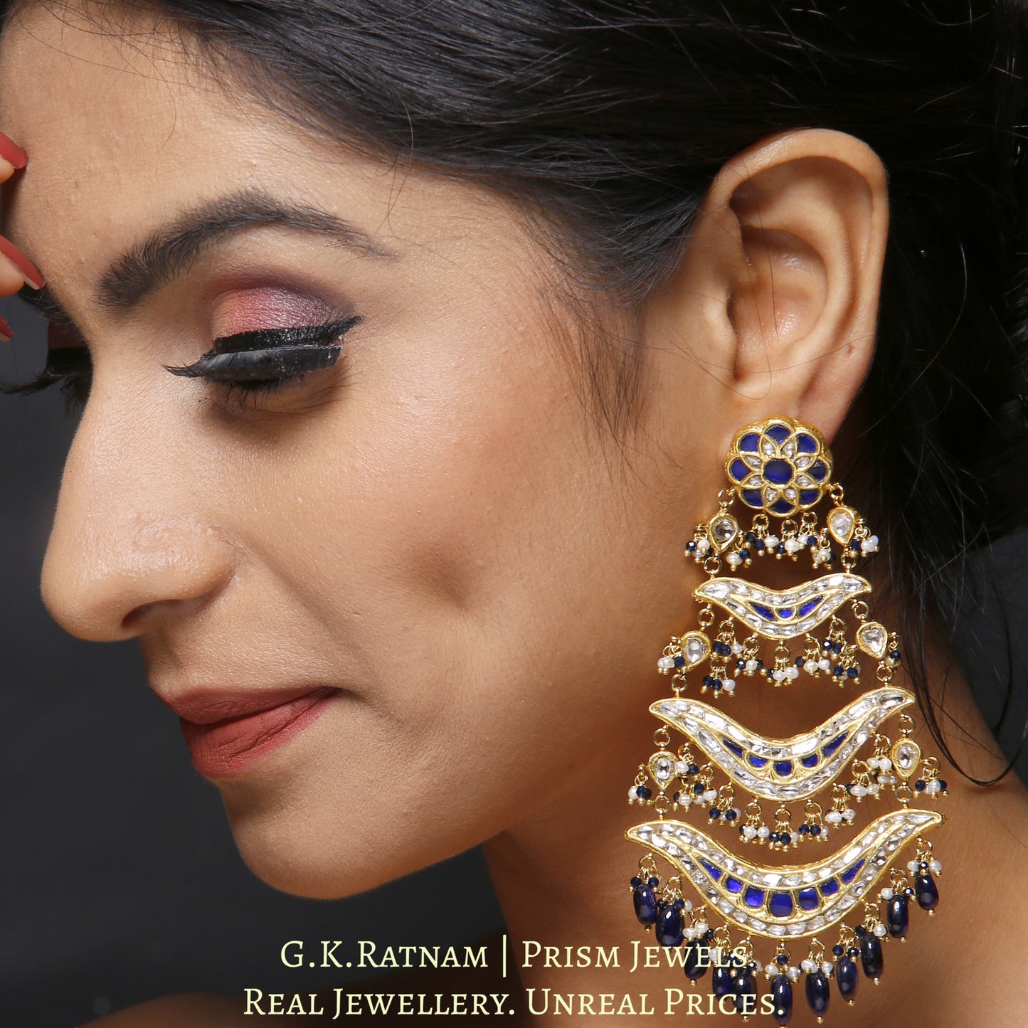 23k Gold and Diamond Polki pasa-style Chandelier Earring Pair with a hint of blue - G. K. Ratnam
