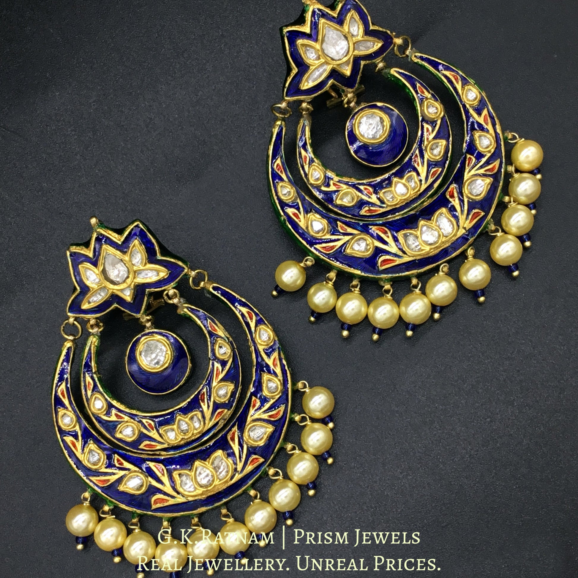 23k Gold and Diamond Polki Chand Bali Earring Pair with royal blue enamelling - G. K. Ratnam