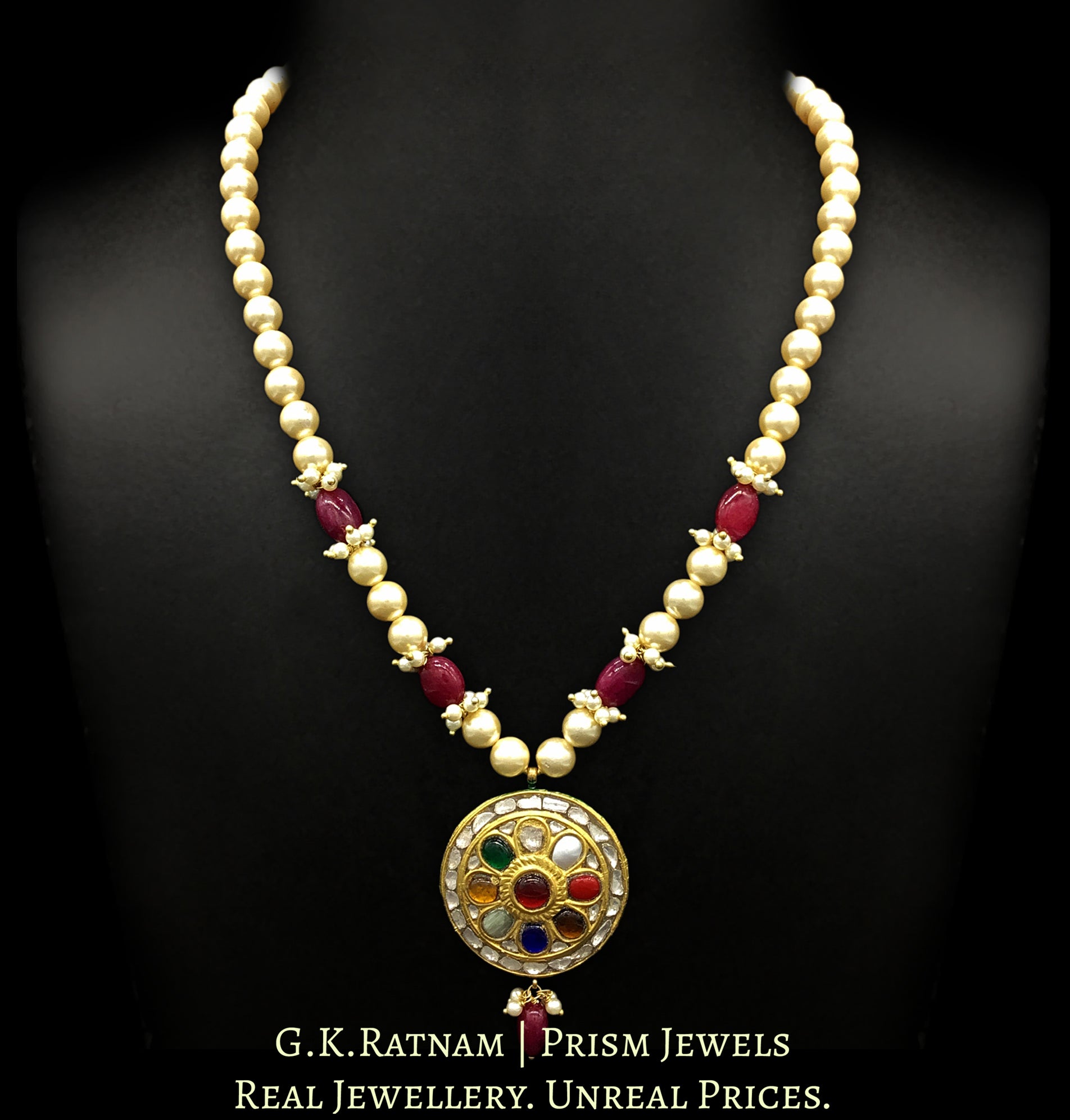 23k Gold and Diamond Polki Round Navratna Pendant with pearls and rubies - G. K. Ratnam