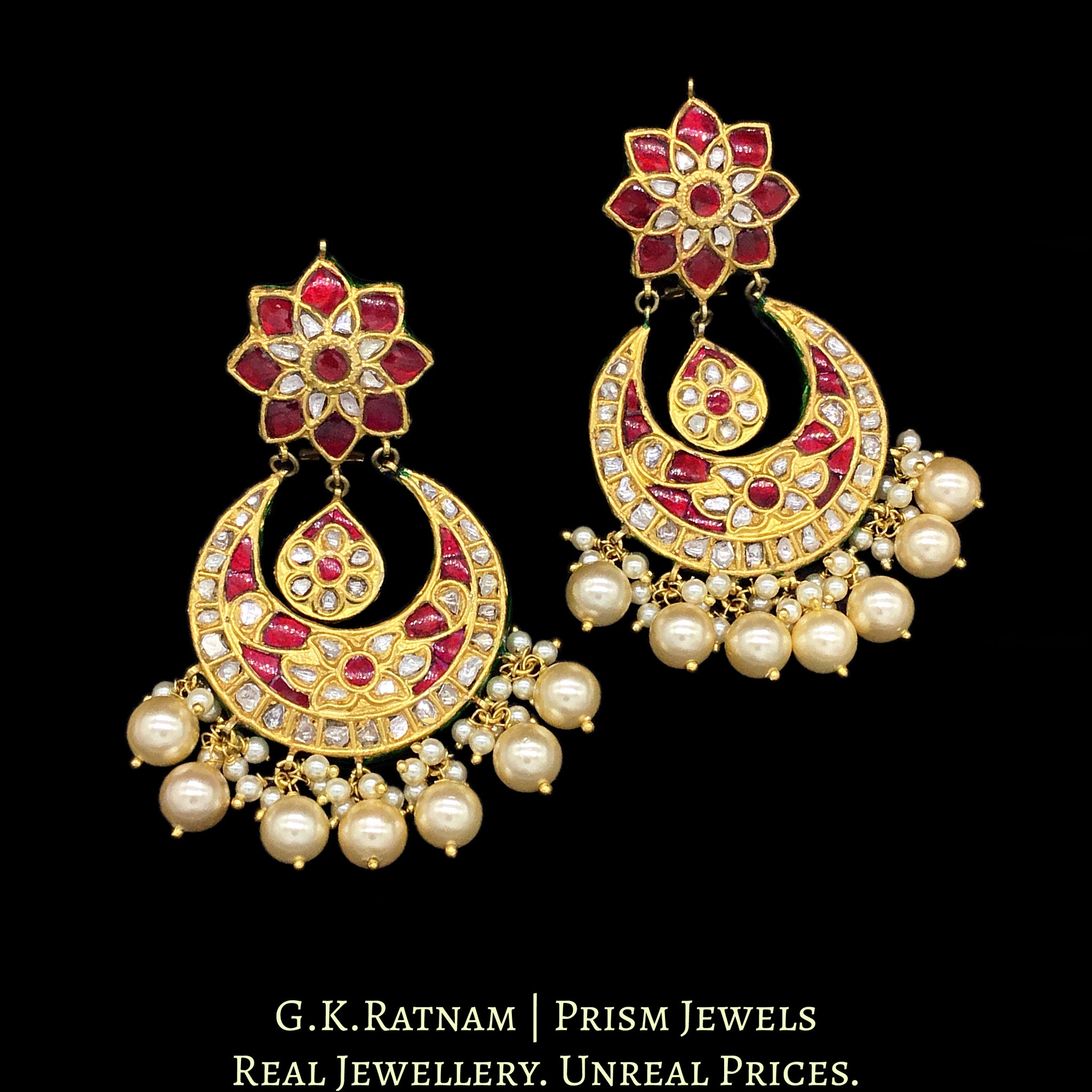 23k Gold and Diamond Polki Chand Bali Earring Pair with triple-coated shell pearls - G. K. Ratnam