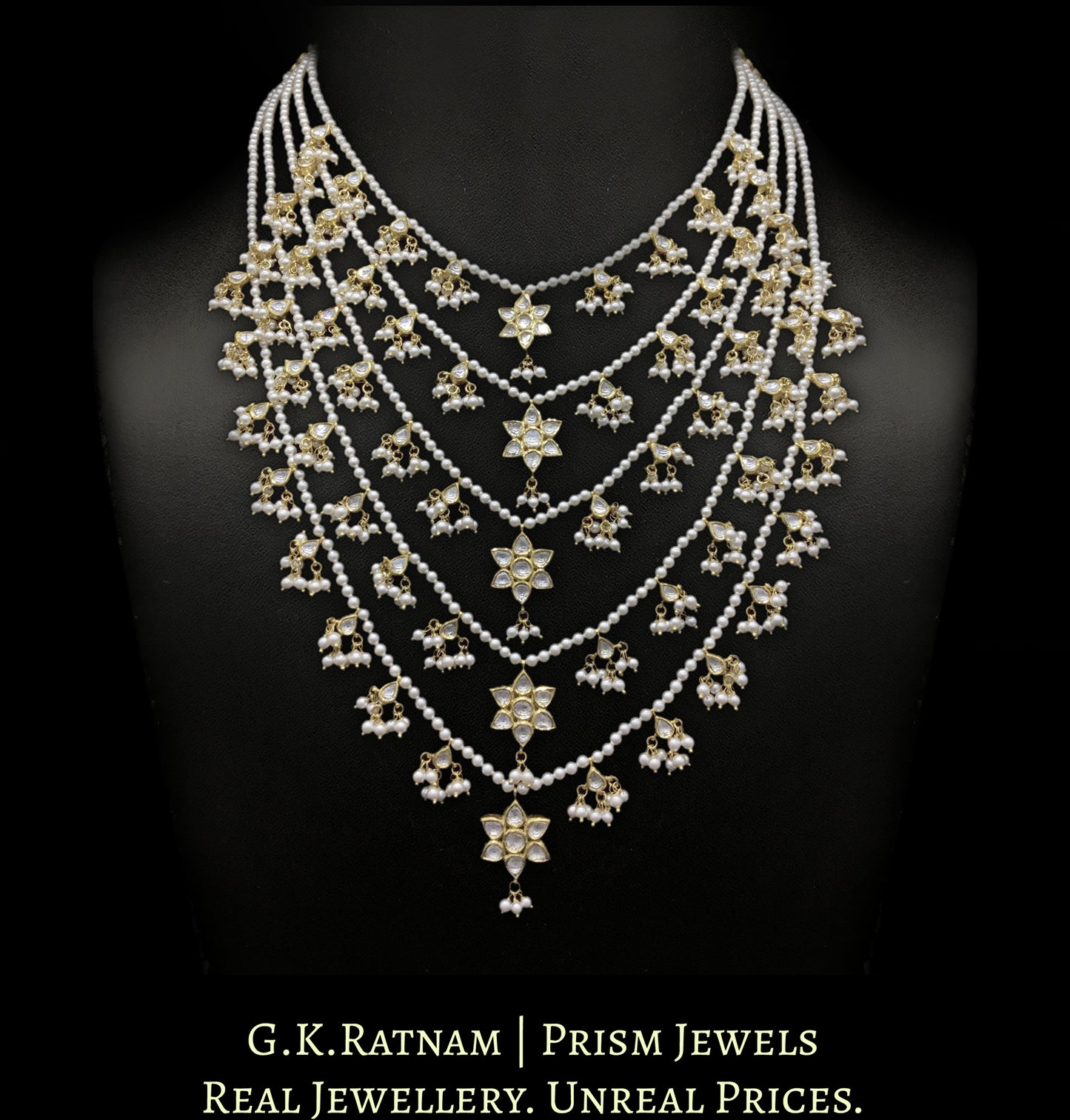 18k Gold and Diamond Polki panch-lad (five-row) Necklace with south-sea-like Pearls