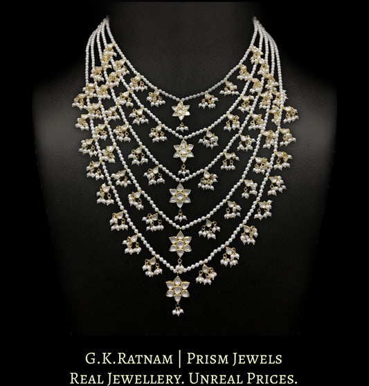18k Gold and Diamond Polki panch-lad (five-row) Necklace with south-sea-like Pearls