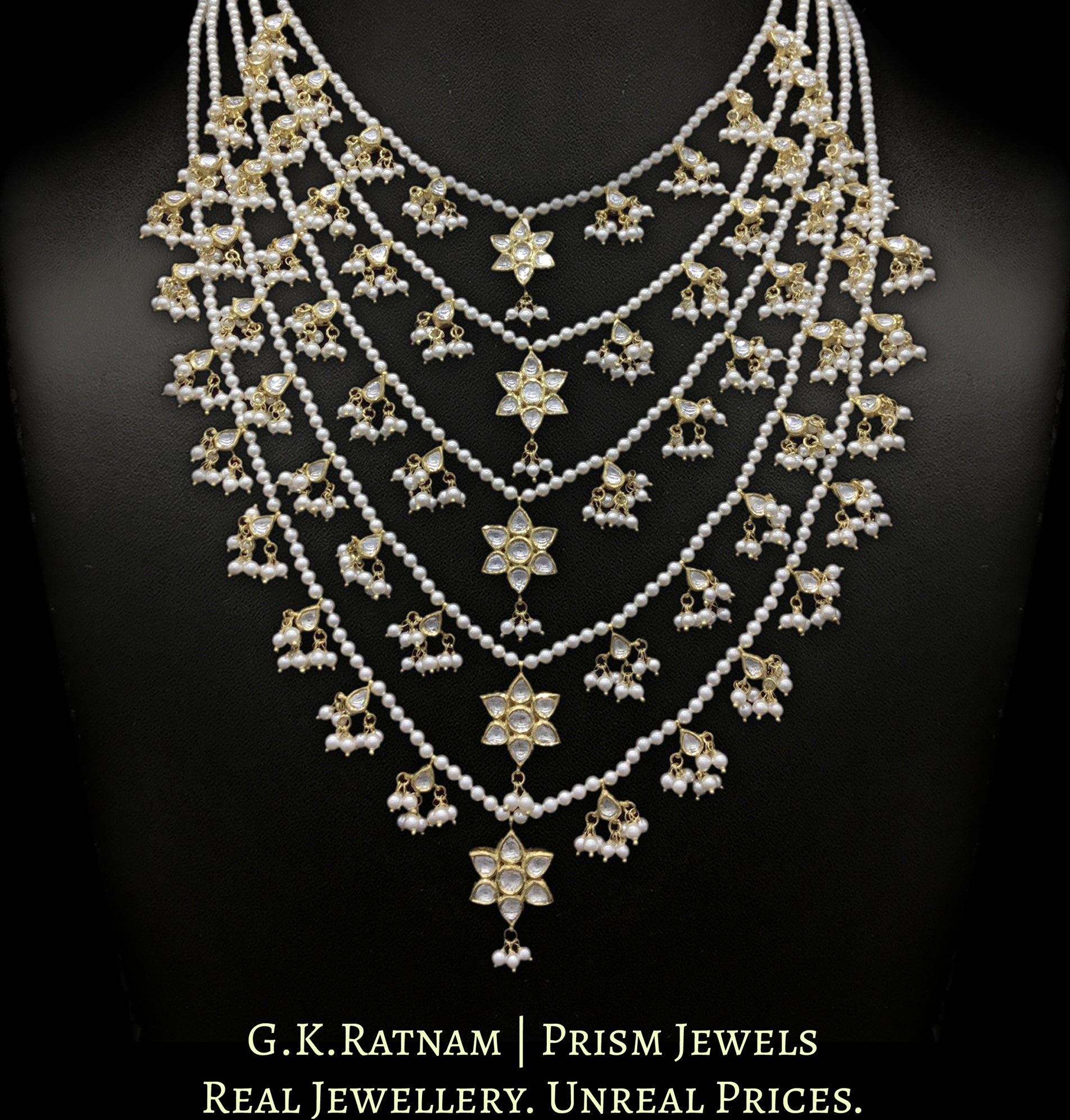 18k Gold and Diamond Polki panch-lad (five-row) Necklace with south-sea-like Pearls