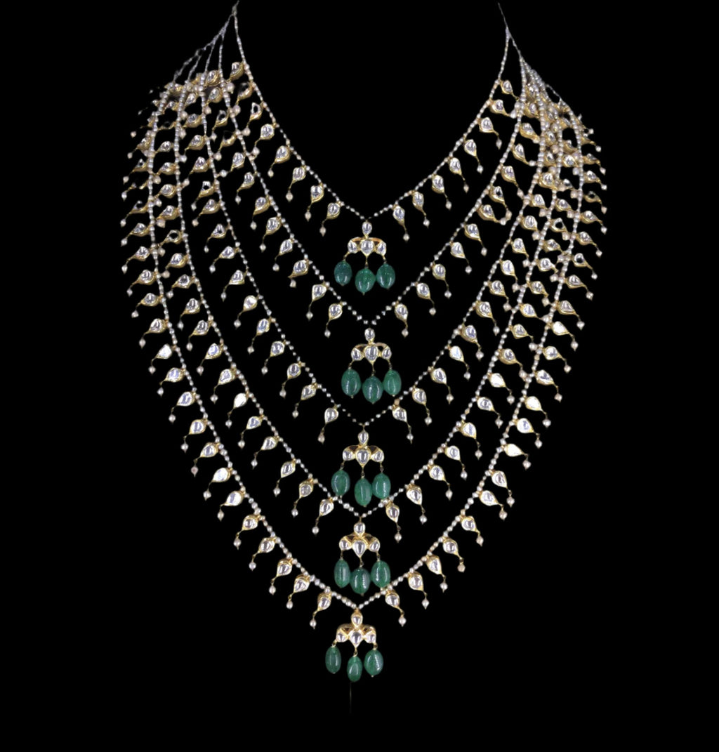 18k Gold and Diamond Polki panch-lad (five-row) Necklace with Antiqued Freshwater Pearls and Green Beryls