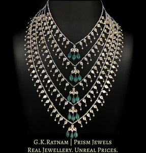 18k Gold and Diamond Polki panch-lad (five-row) Necklace with Antiqued Freshwater Pearls and Green Beryls