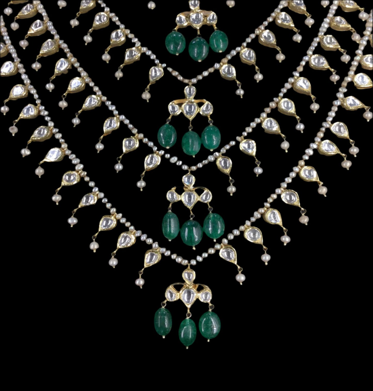 18k Gold and Diamond Polki panch-lad (five-row) Necklace with Antiqued Freshwater Pearls and Green Beryls