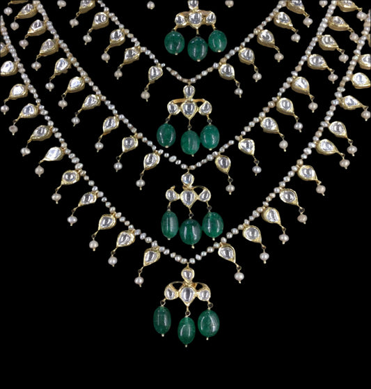18k Gold and Diamond Polki panch-lad (five-row) Necklace with Antiqued Freshwater Pearls and Green Beryls