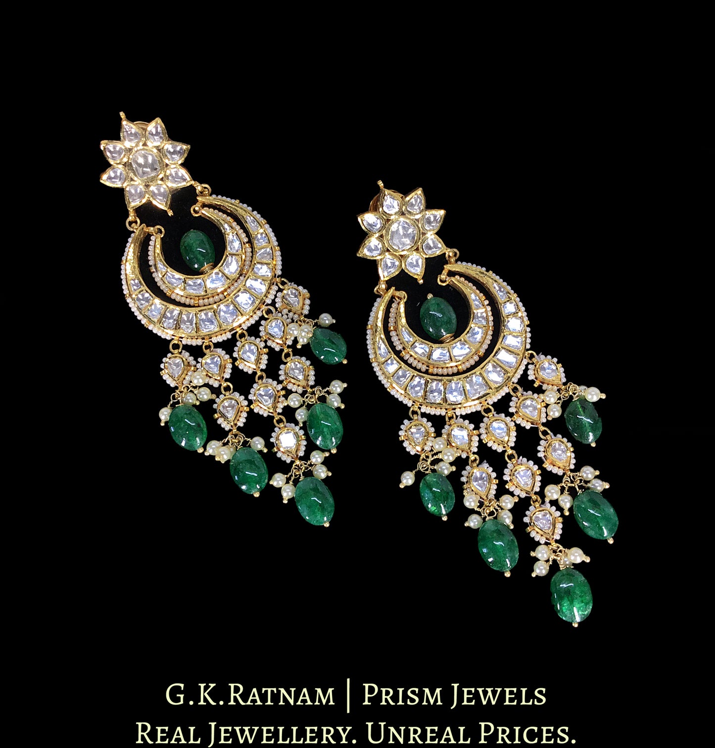 18k Gold and Diamond Polki Chand Bali Earring Pair with emerald grade green beryls - G. K. Ratnam