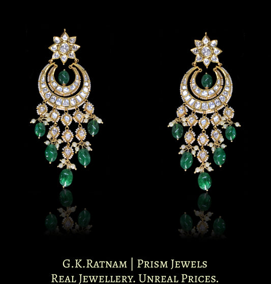 18k Gold and Diamond Polki Chand Bali Earring Pair with emerald grade green beryls - G. K. Ratnam