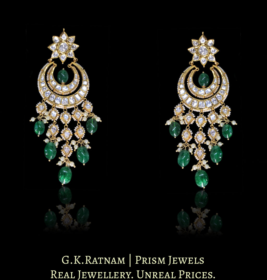 18k Gold and Diamond Polki Chand Bali Earring Pair with emerald grade green beryls - G. K. Ratnam
