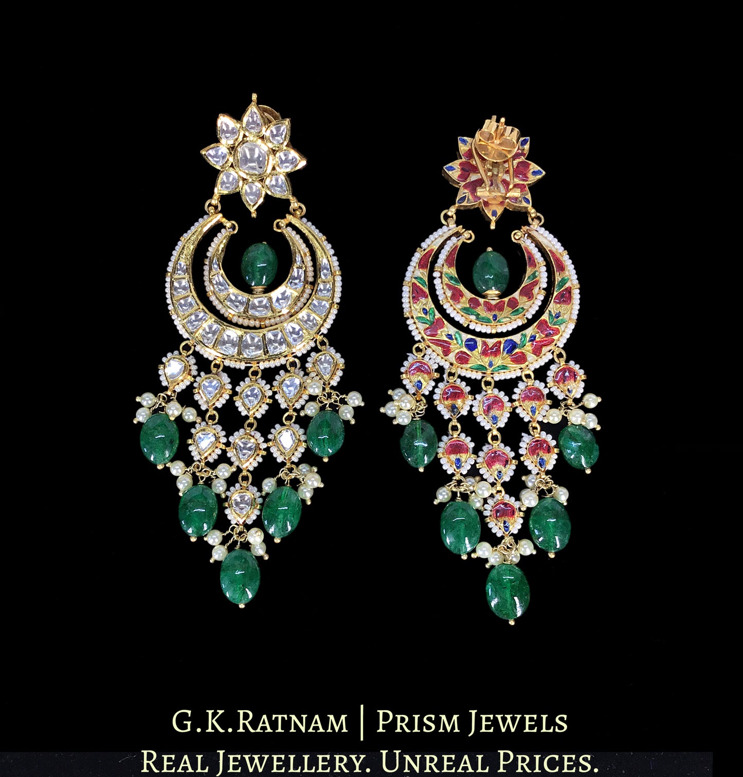 18k Gold and Diamond Polki Chand Bali Earring Pair with emerald grade green beryls - G. K. Ratnam