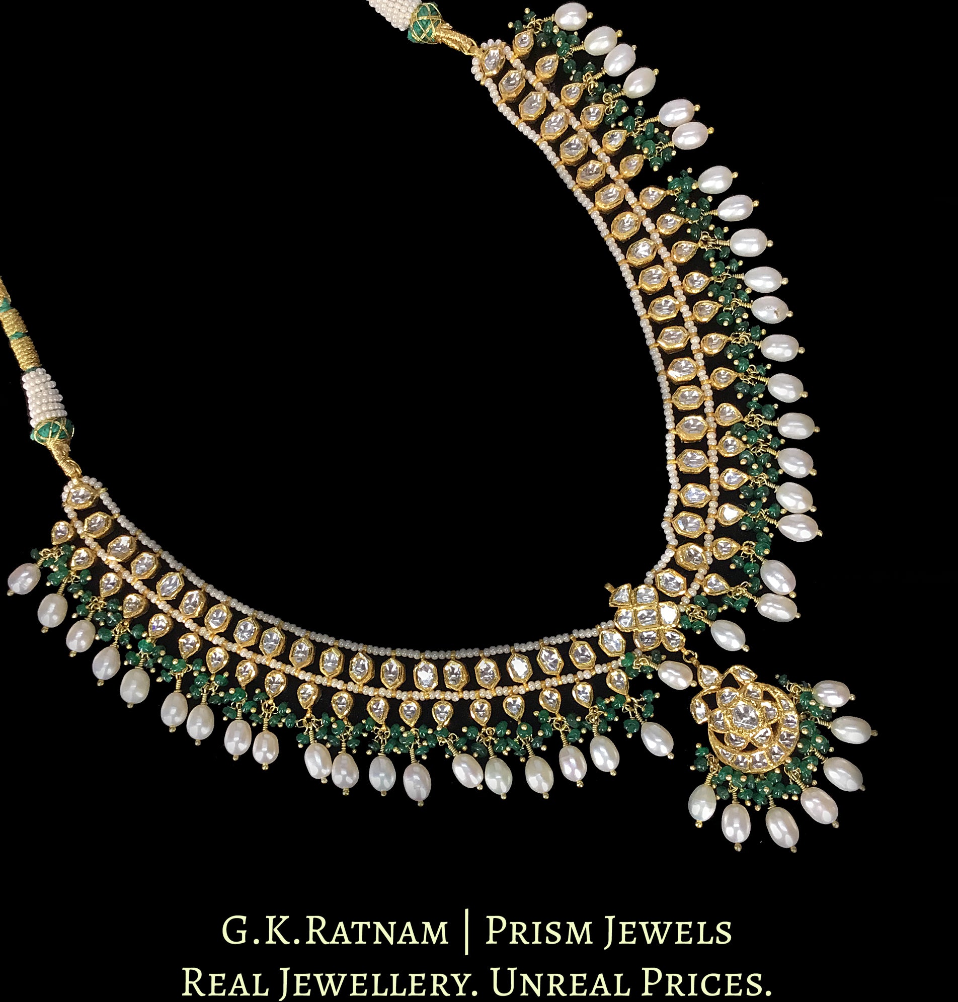 22k Gold and Diamond Polki Matha Patti enhanced with elongated pearls and a hint of green