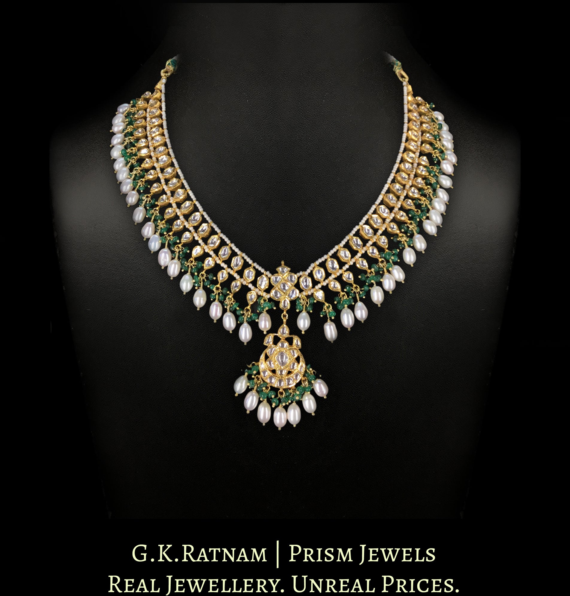 22k Gold and Diamond Polki Matha Patti enhanced with elongated pearls and a hint of green