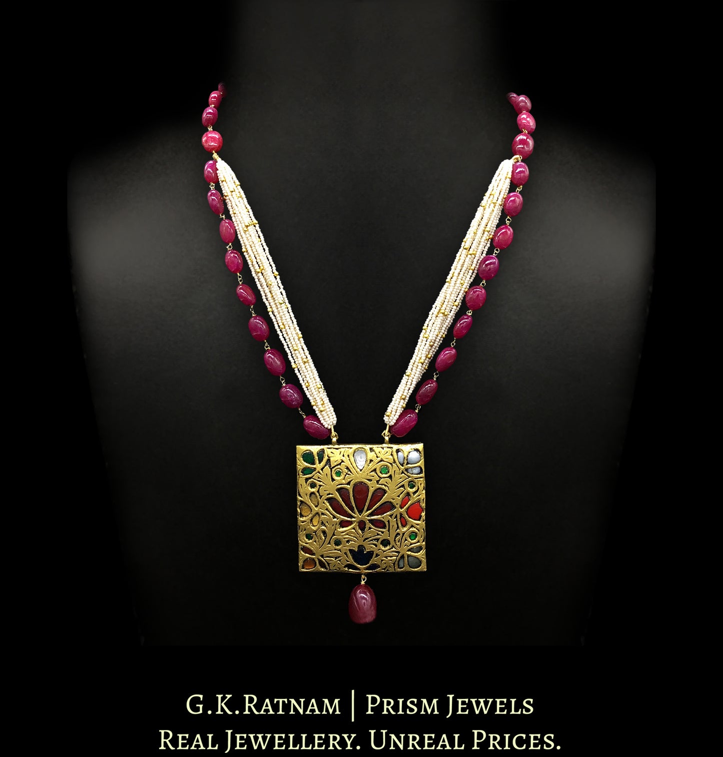 23k Gold and Diamond Polki Reversible Navratna Pendant with Natural Rubies and Chid Pearl bunches - G. K. Ratnam