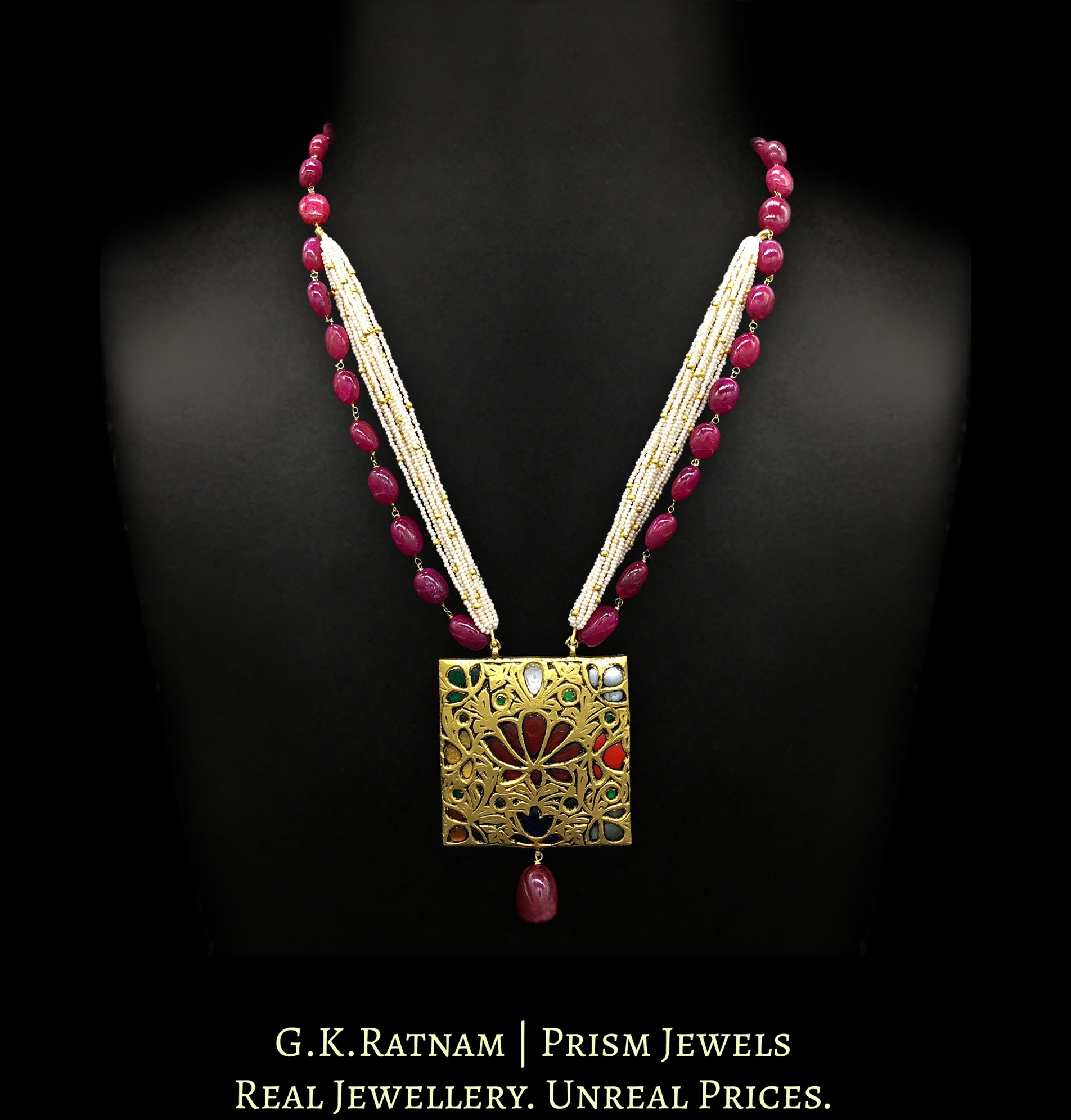 23k Gold and Diamond Polki Reversible Navratna Pendant with Natural Rubies and Chid Pearl bunches - G. K. Ratnam