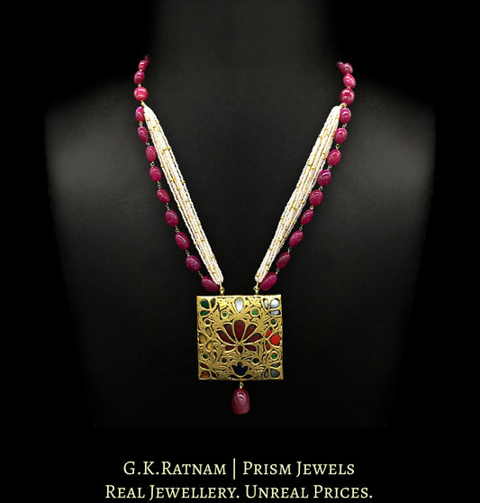 23k Gold and Diamond Polki Reversible Navratna Pendant with Natural Rubies and Chid Pearl bunches - G. K. Ratnam