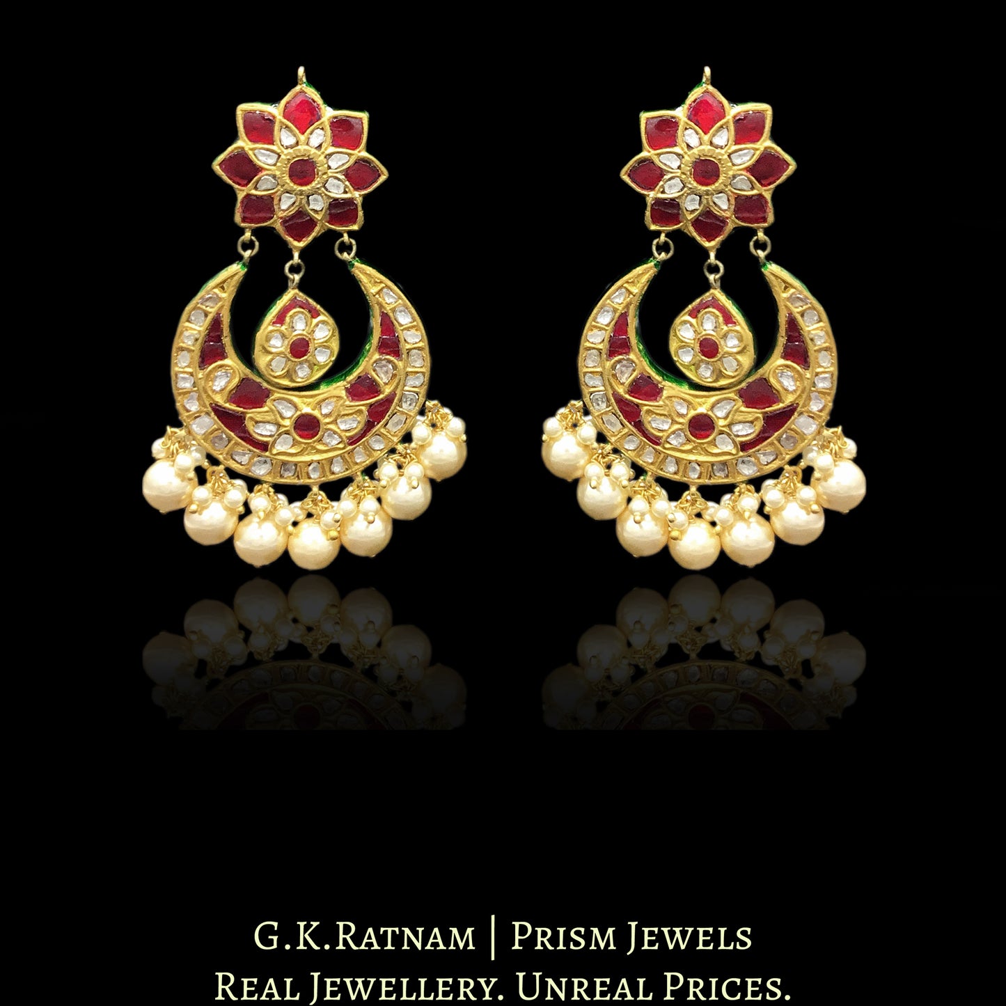 23k Gold and Diamond Polki Chand Bali Earring Pair with triple-coated shell pearls - G. K. Ratnam