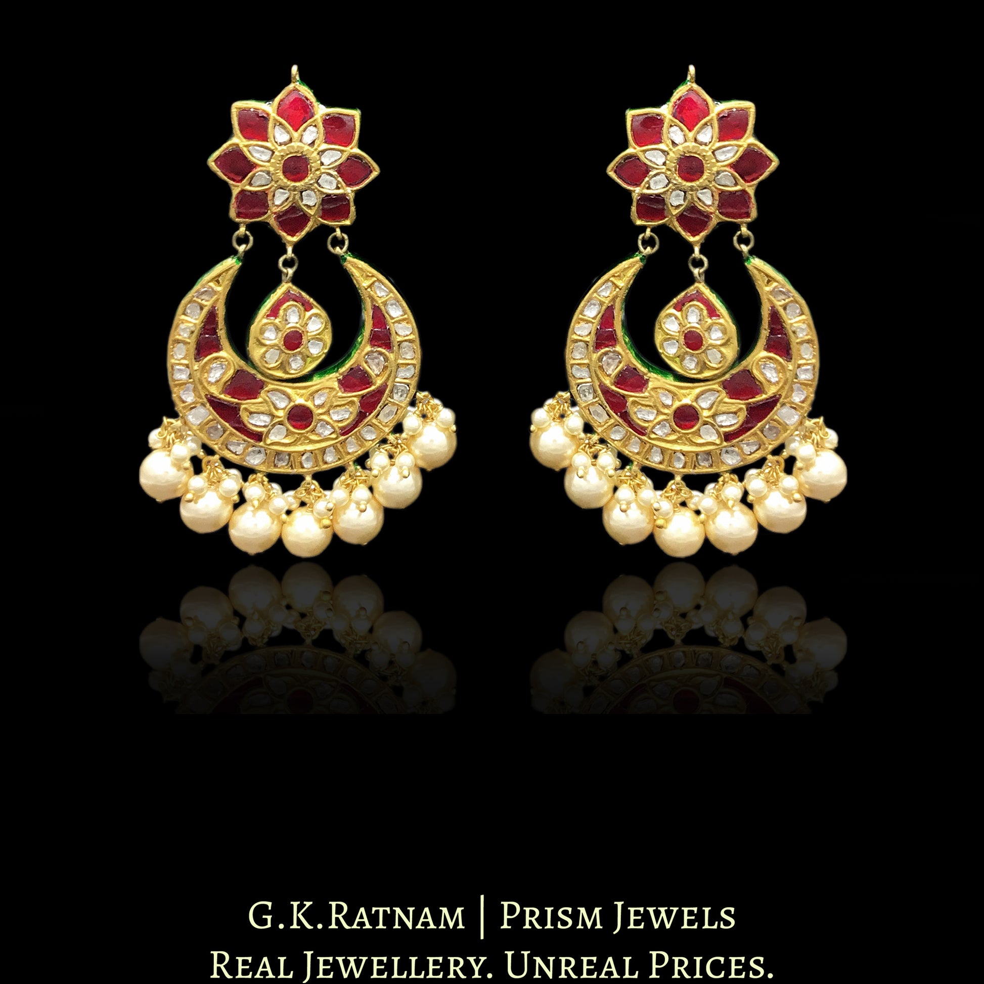 23k Gold and Diamond Polki Chand Bali Earring Pair with triple-coated shell pearls - G. K. Ratnam
