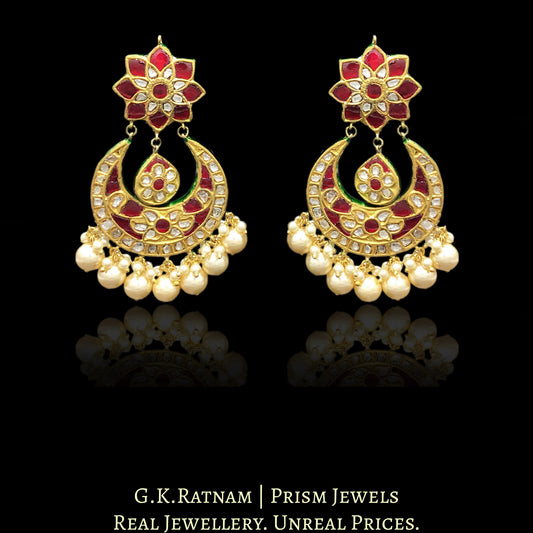 23k Gold and Diamond Polki Chand Bali Earring Pair with triple-coated shell pearls - G. K. Ratnam