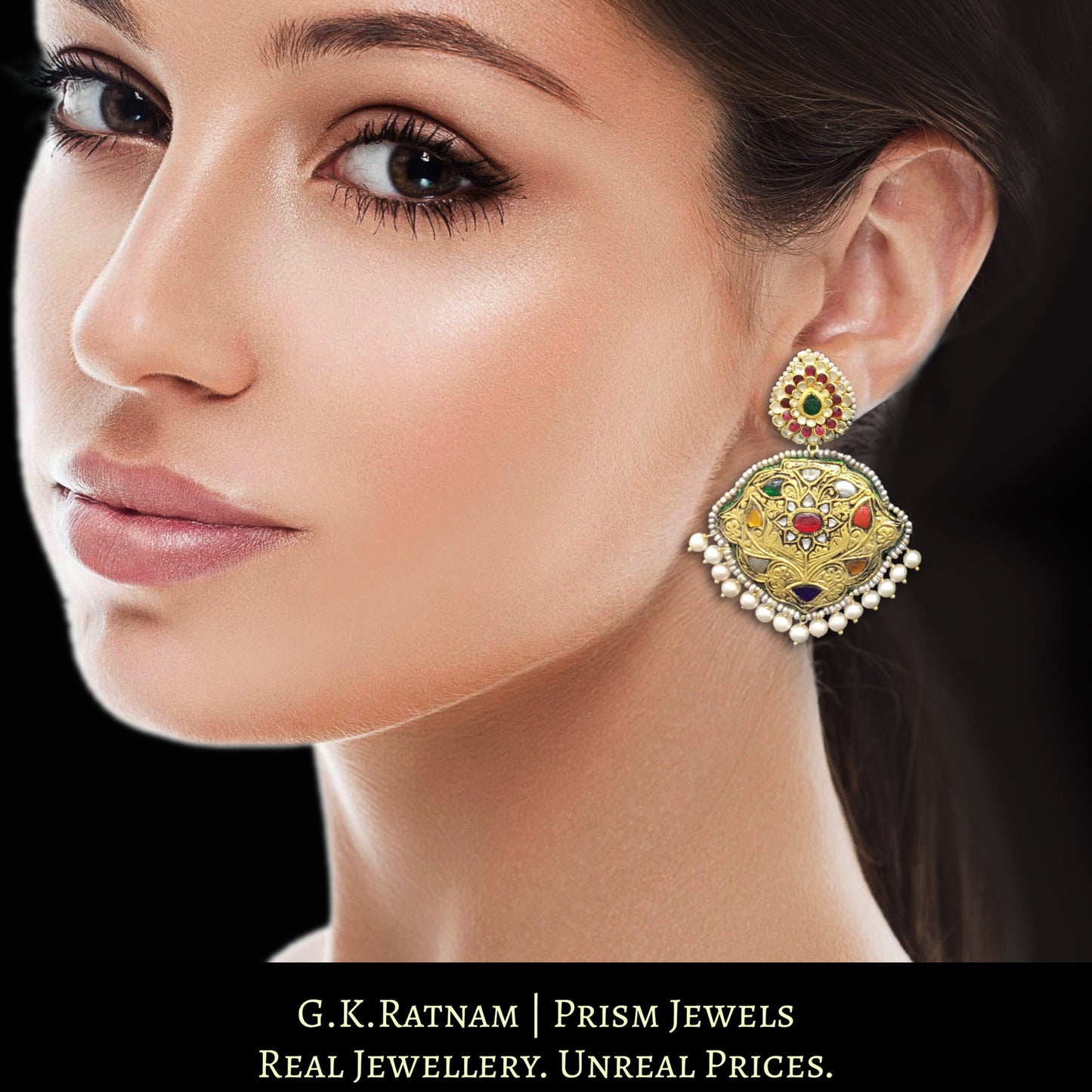 23k Gold and Diamond Polki antique Long Earring Pair with pear-shaped Pacchi Tops