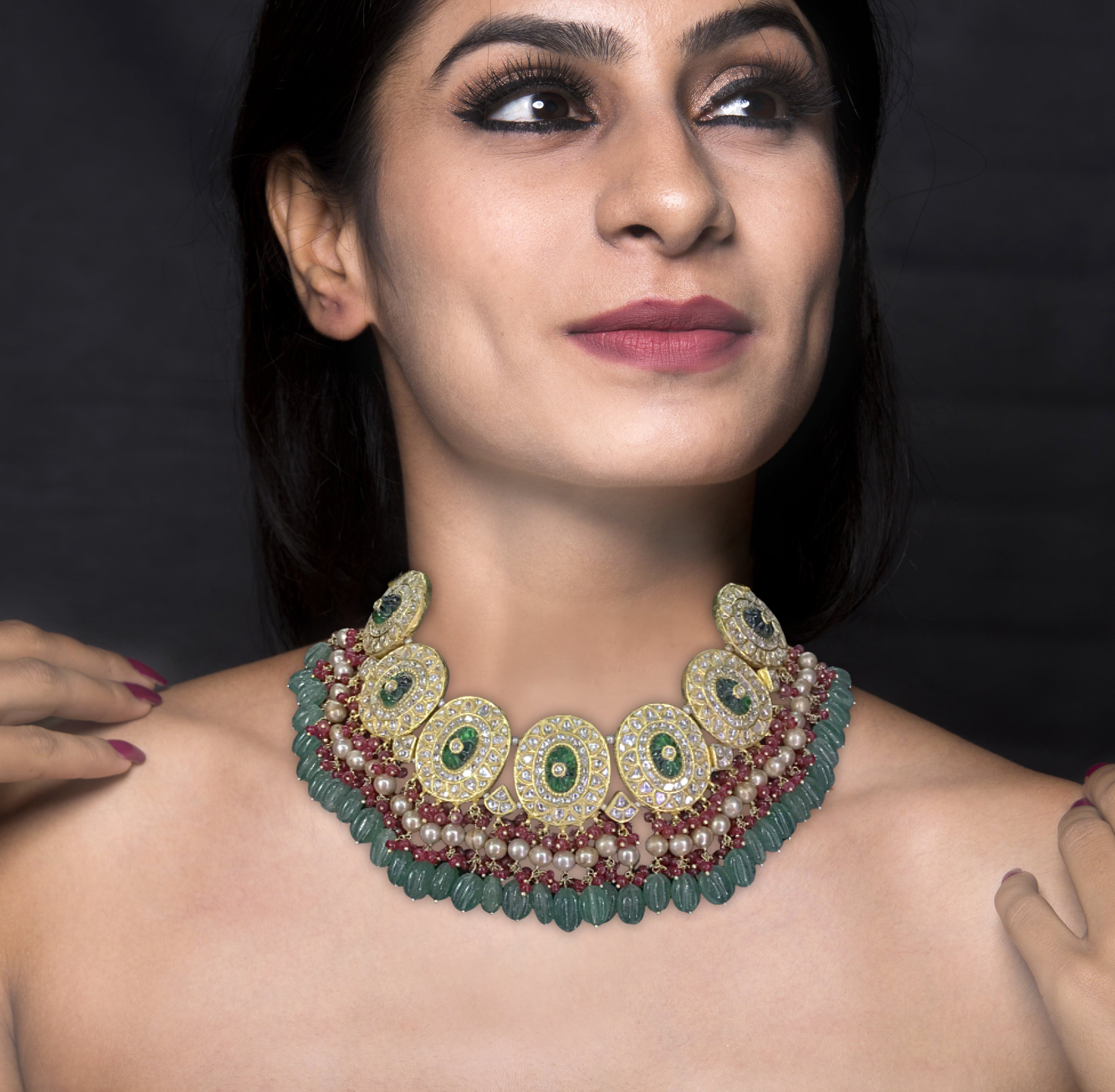 23k Gold and Diamond Polki Necklace with Antiqued Hyderabadi Pearls, Rubies and Green Strawberry Quartz