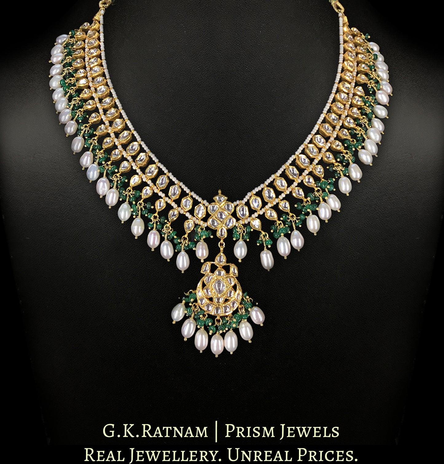 22k Gold and Diamond Polki Matha Patti enhanced with elongated pearls and a hint of green