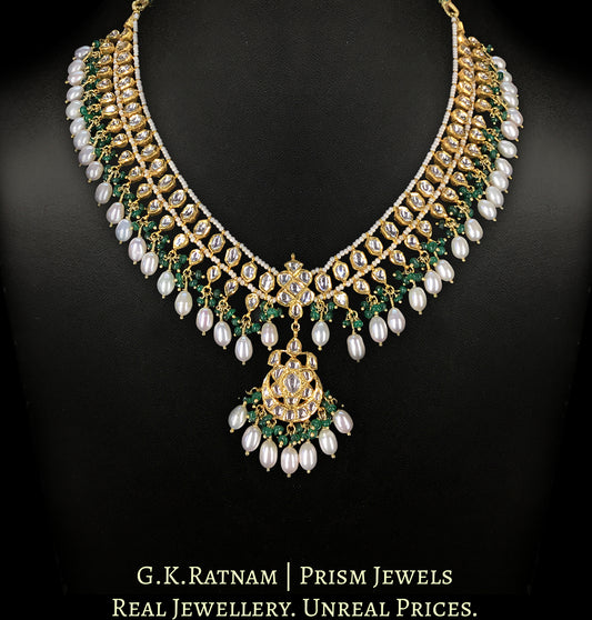 22k Gold and Diamond Polki Matha Patti enhanced with elongated pearls and a hint of green