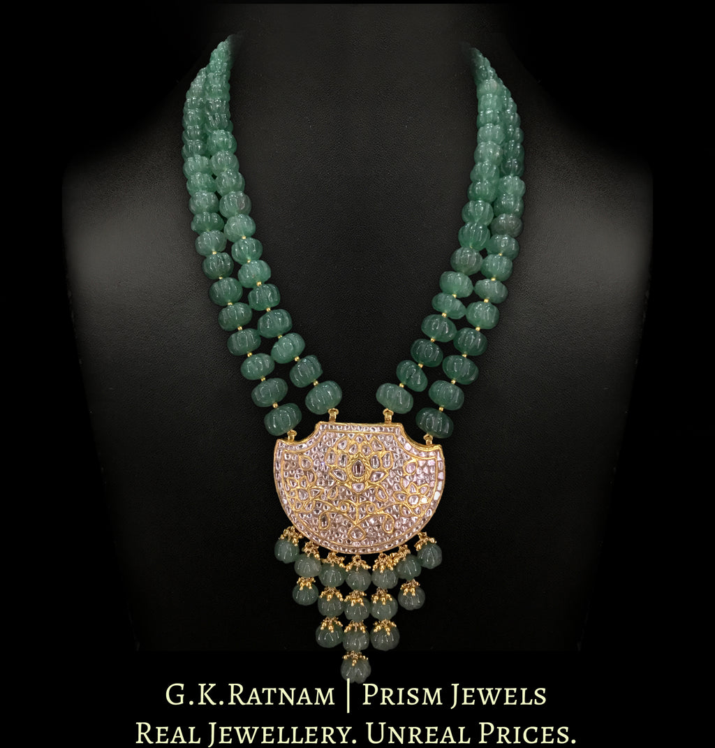 23k Gold and Diamond Polki Pankhi (fan) Pendant strung with hand carved Strawberry Quartz Melons