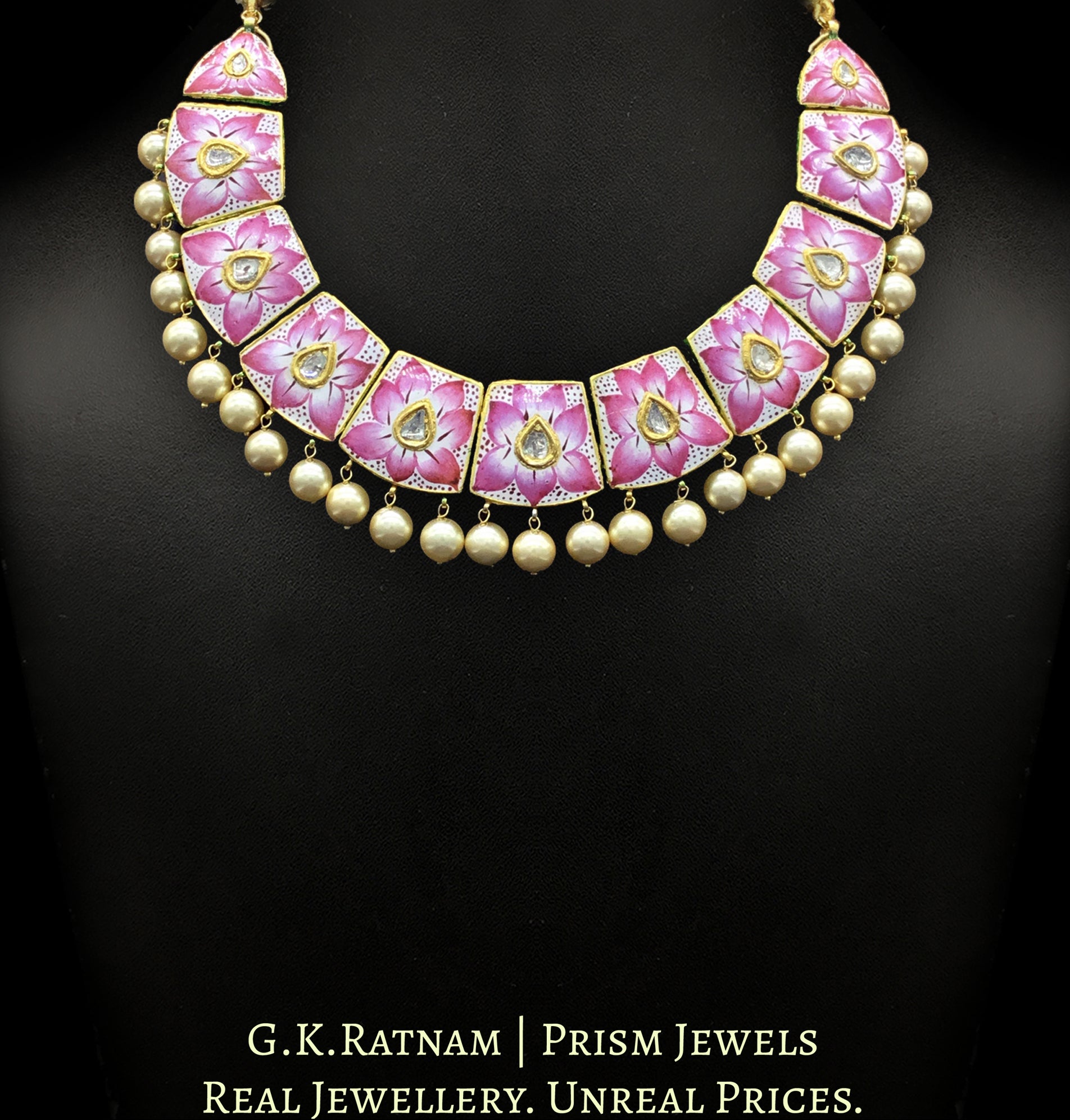 18k Gold and Diamond Polki Pink Enamel Necklace Set with lotus motifs - G. K. Ratnam