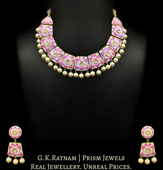 18k Gold and Diamond Polki Pink Enamel Necklace Set with lotus motifs - G. K. Ratnam