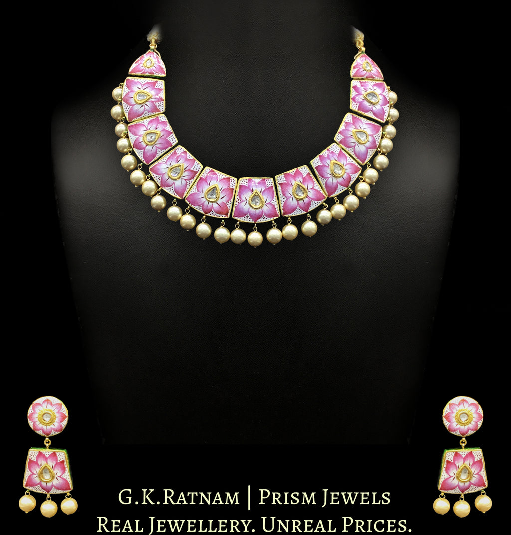 18k Gold and Diamond Polki Pink Enamel Necklace Set with lotus motifs - G. K. Ratnam