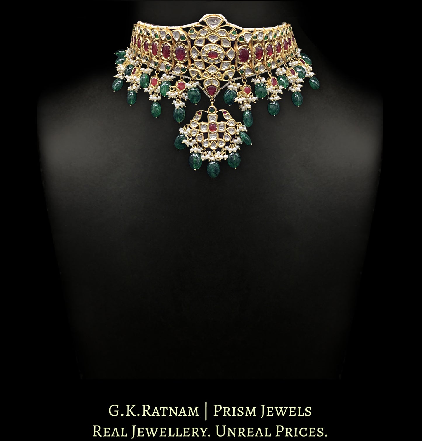18k Gold and Diamond Polki south-style Choker Necklace enhanced with emerald-grade Green Beryls - G. K. Ratnam