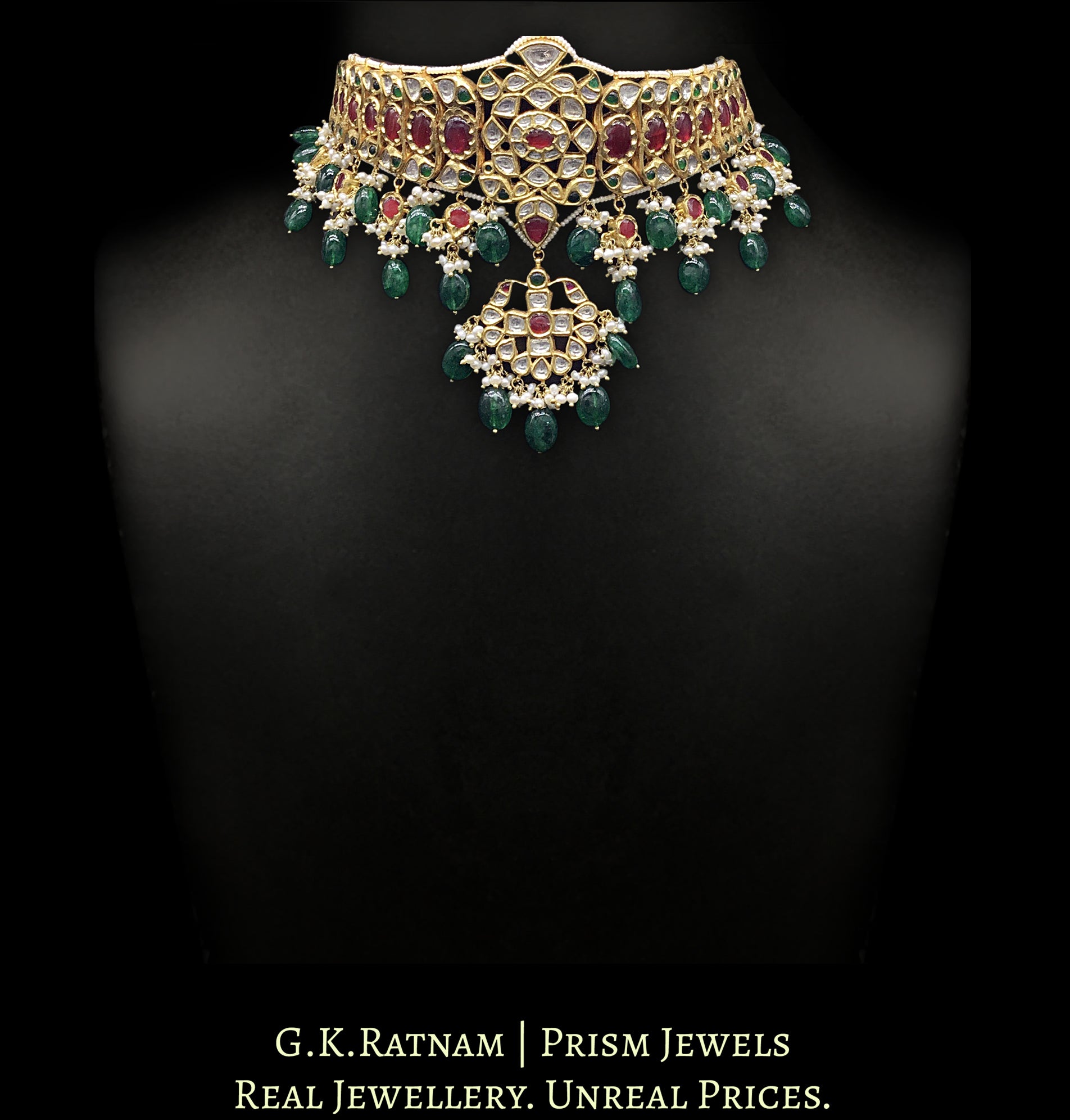 18k Gold and Diamond Polki south-style Choker Necklace enhanced with emerald-grade Green Beryls - G. K. Ratnam